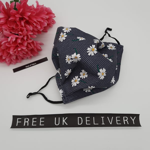 Face mask, large, 3 layer, adjustable, washable in navy daisy polkadot 