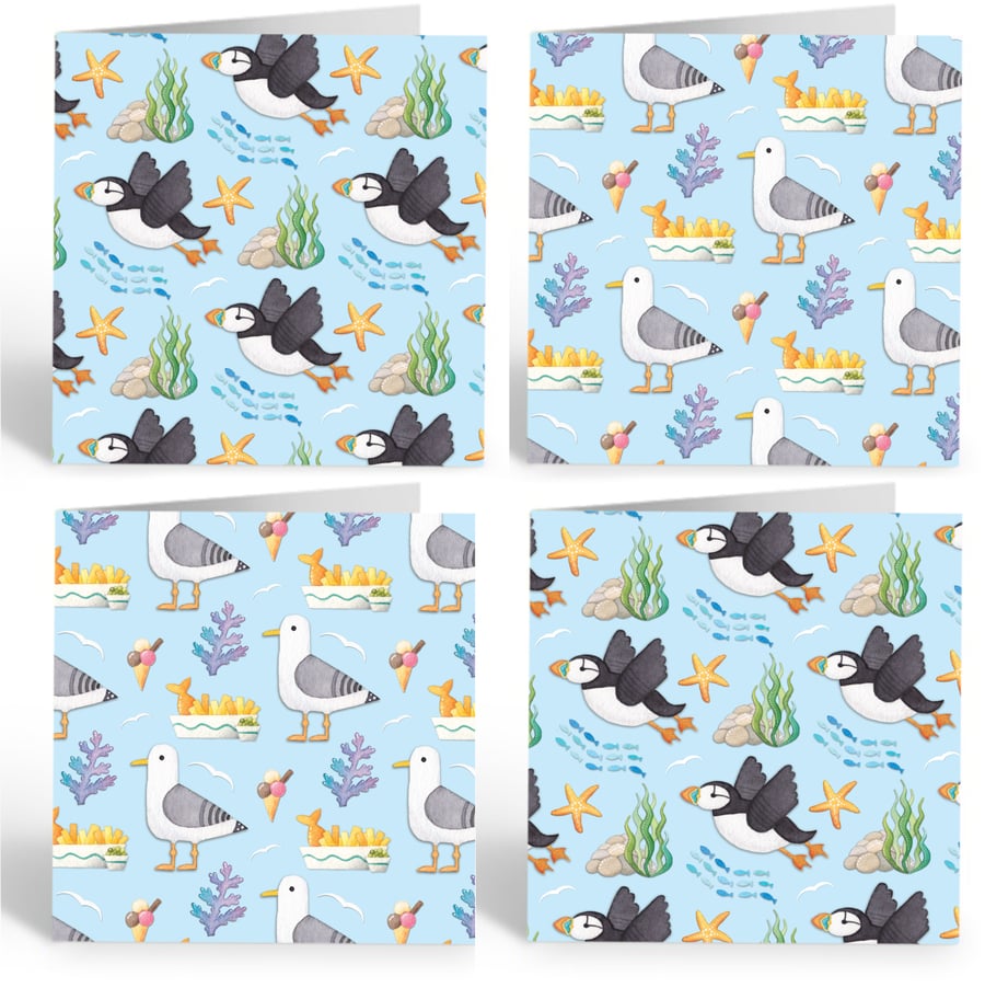 Greetings Cards (Pack of 4) - Seaside Watercolour Art - Puffin, Seagull, Boat