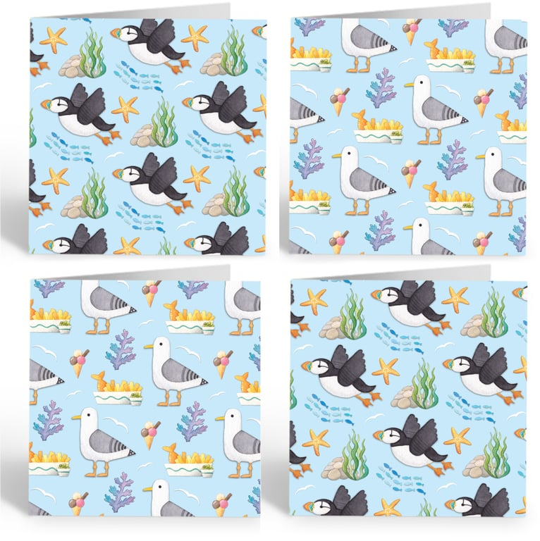 Greetings Cards (Pack of 4) - Seaside Watercolour Art - Puffin, Seagull, Boat