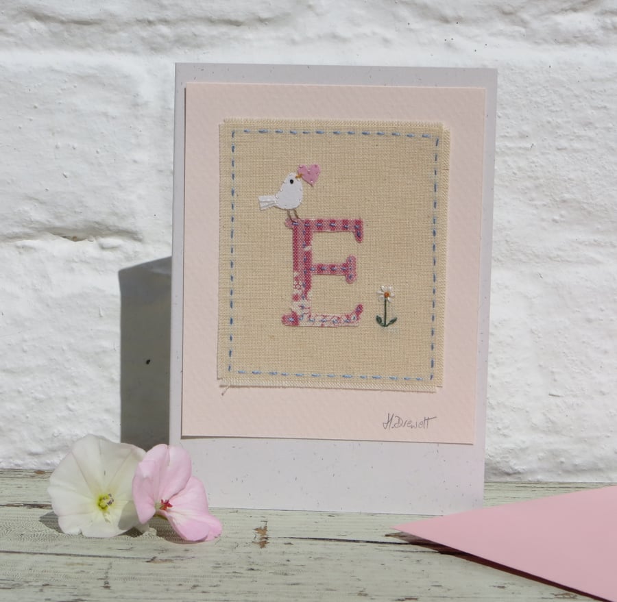 Letter E hand-stitched card, can be personalised