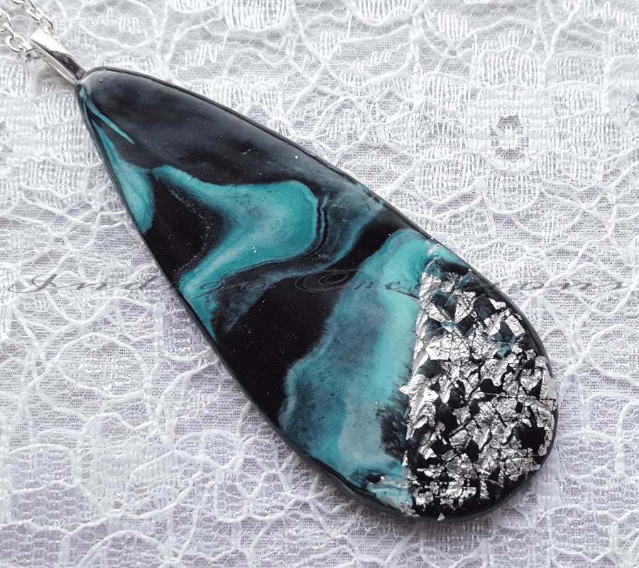 Necklace Black And Turquoise Polymer Clay Pendant and Chain With Silver Leaf