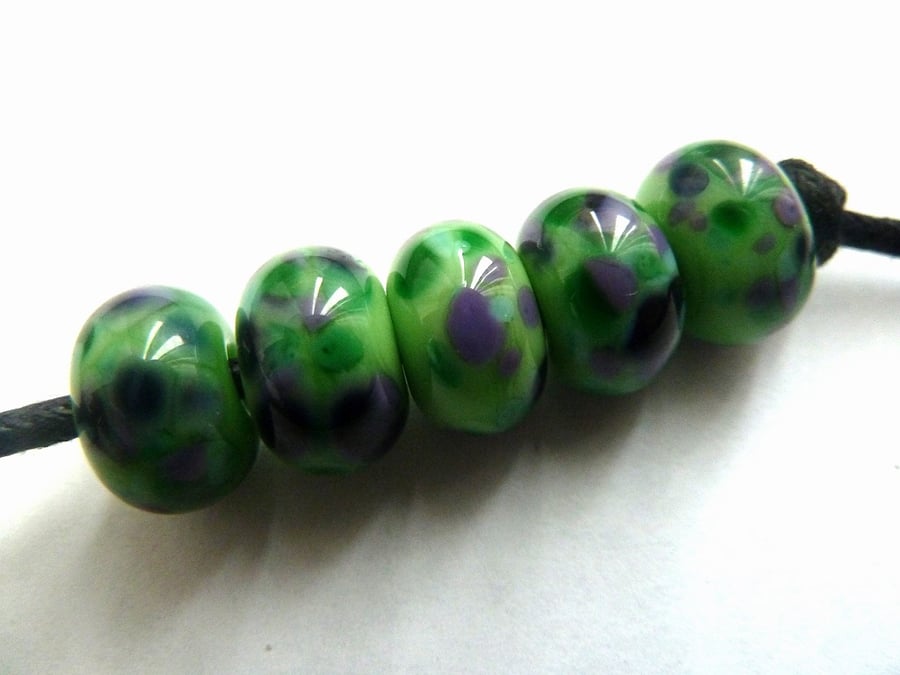 handmade lampwork glass beads, green and purple