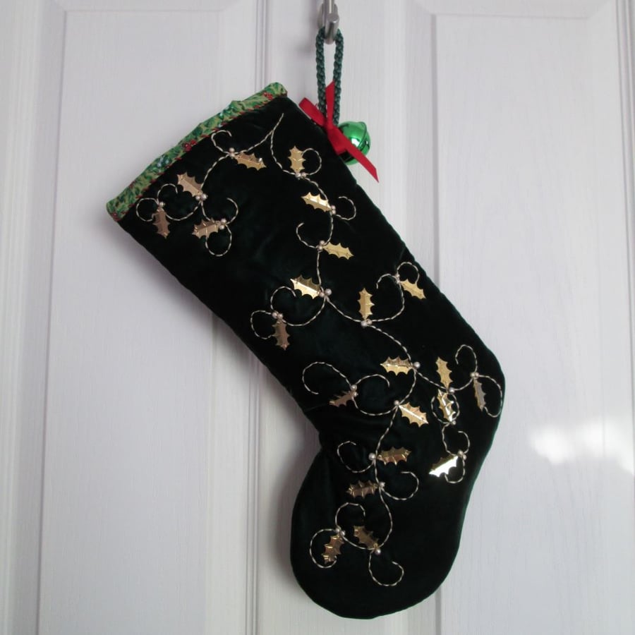 'Gold Holly' Luxury Green Velvet Stocking With Gold Sequins and Embroidery