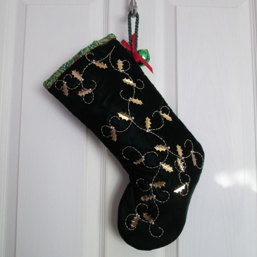 SOLD - Gold Holly Luxury Green Velvet Stocking With Gold Sequins and Embroidery