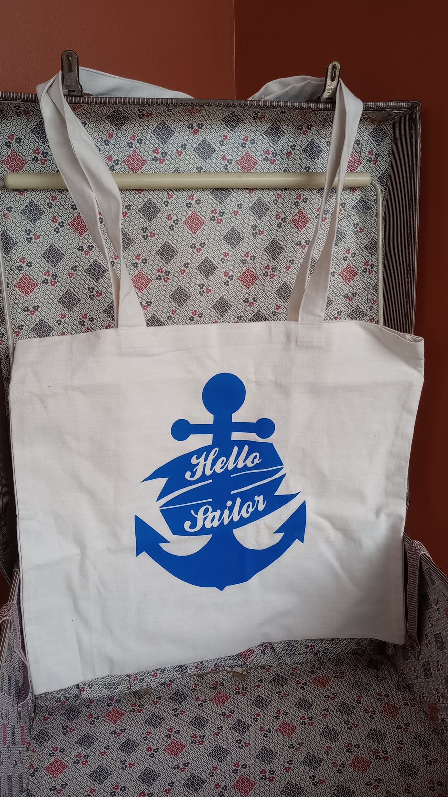 Hello Sailor Blue Anchor Screen Printed Tote Bag 