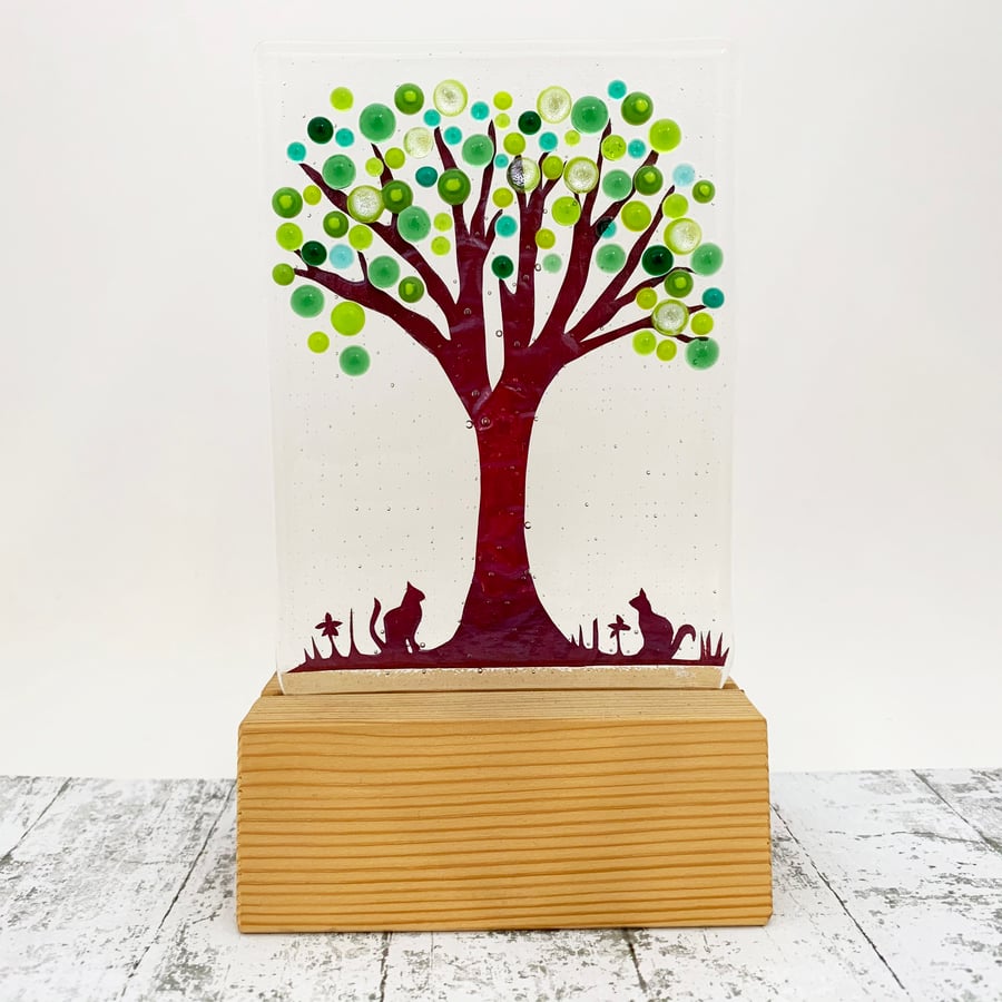 Fused Glass Tree With Cats - Handmade Fused Glass Sculpture