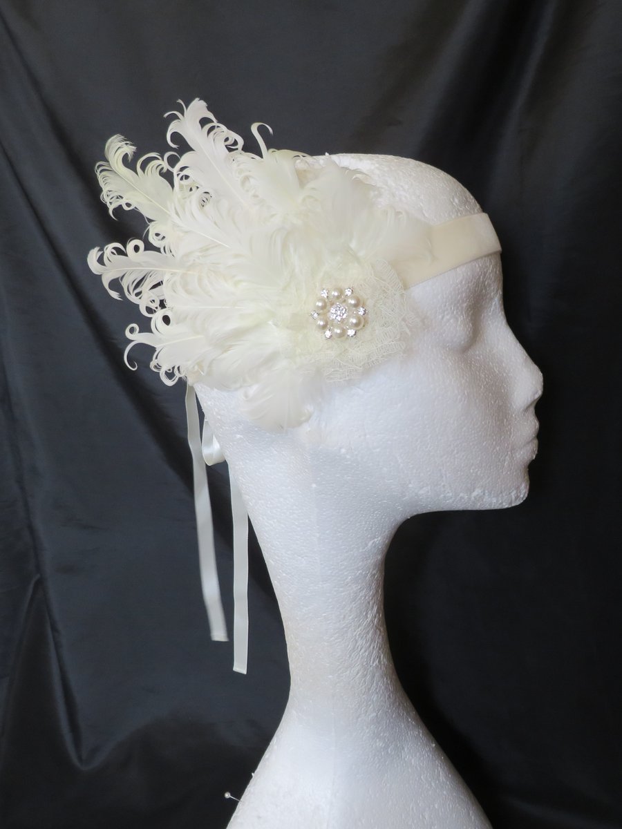 Cream Feather Lace & Pearl Vintage 1920's Style Flapper Band 