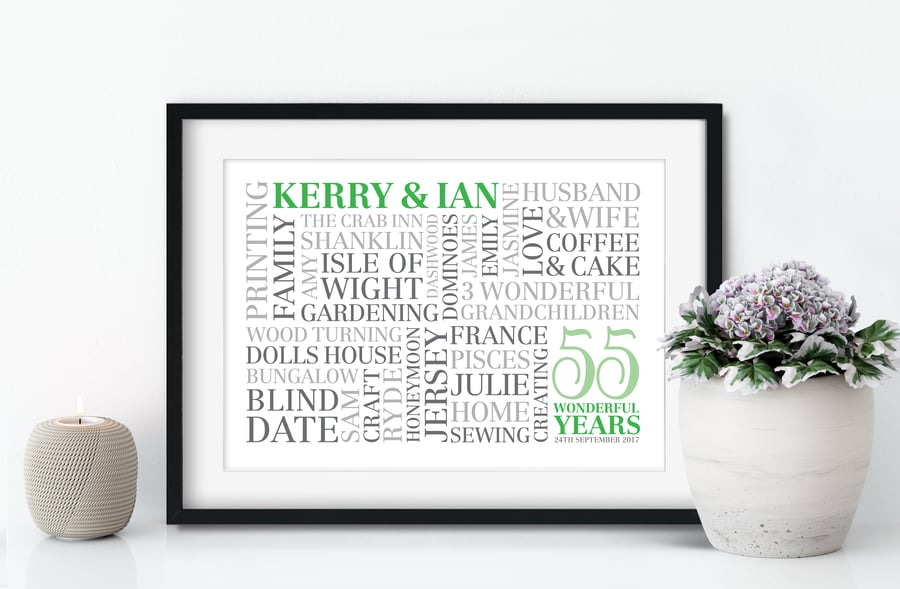 Personalised Emerald Anniversary Word Art - 55 years - AN551
