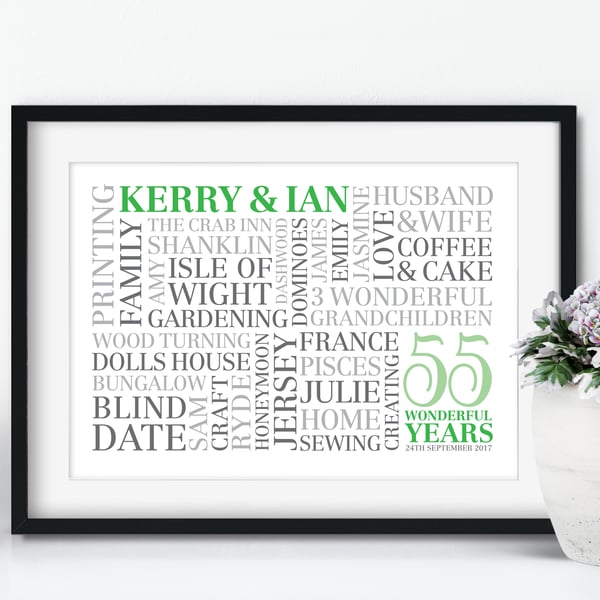 Personalised Emerald Anniversary Word Art - 55 years - AN551