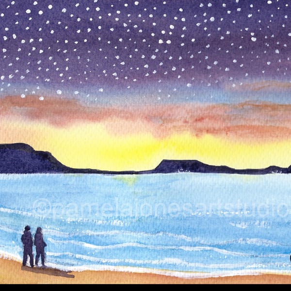 Starry Sky Rhossili Bay, Worms Head, Gower, Watercolour Print in 8 x 6 " mount
