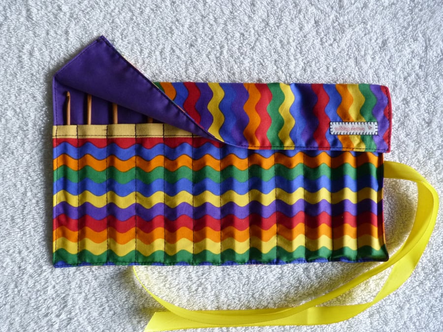 Rainbow  Print Roll Up Crochet Hook Holder with 12 Bamboo Crochet Hooks.