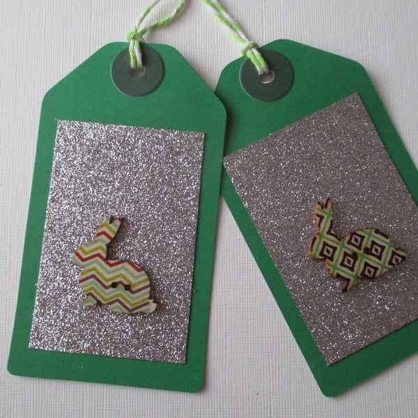Gift Tag Christmas Bunny Rabbit Button Gift Tag Glitter Red Gold Green