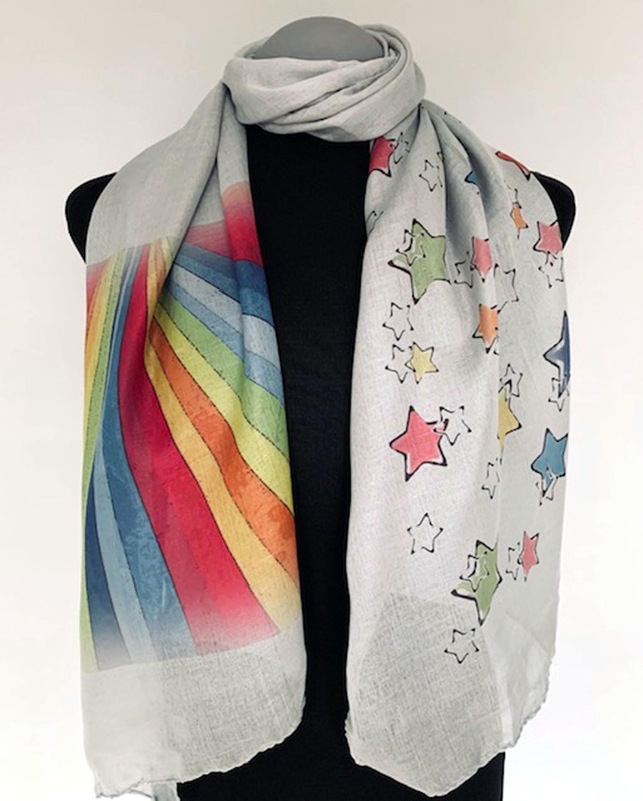 Rainbows and Stars Scarf Hope and Transformation Gift. Grey. Lightweight
