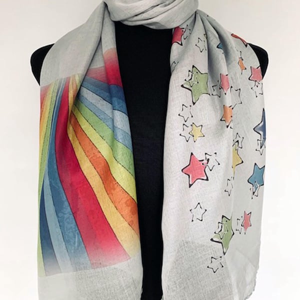 Rainbows and Stars Scarf Hope and Transformation Gift. Grey. Lightweight
