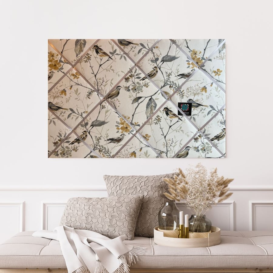 Handmade Bespoke Memo Notice Board With Prestigious Bird Song Mustard Fabric