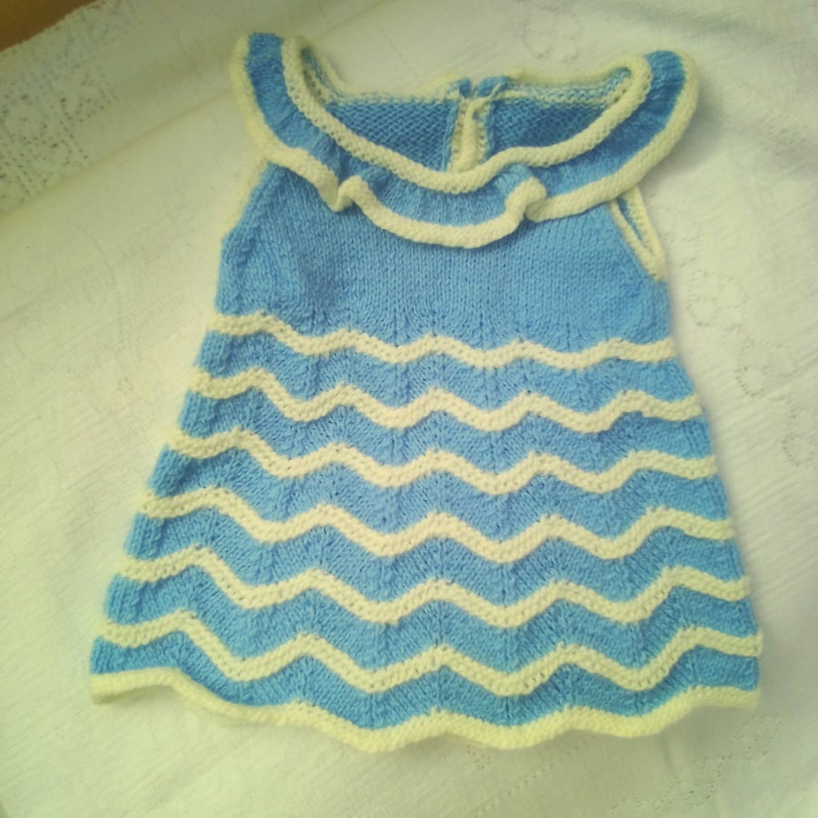 Girl's Chevron Patterned Dress with Neckline Frill, Child's Knitted Dress 