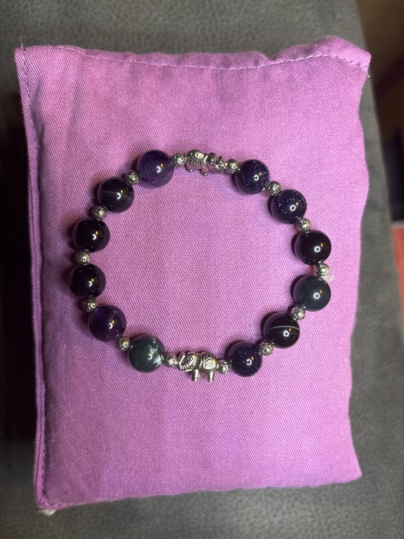 Handmade bracelet, 16cm. Purple, green & black with elephant charm. 