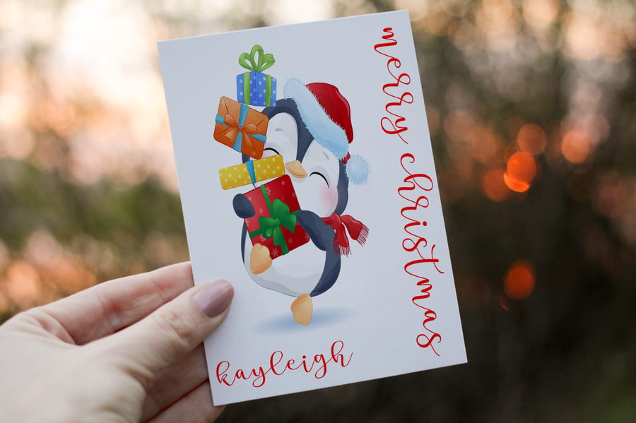 Penguin Christmas Card, Penguin Personalised Christmas Card, Personalized Card 
