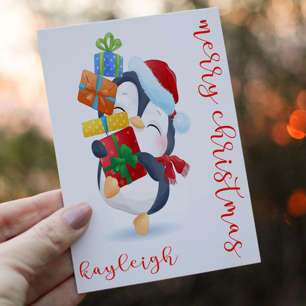 Penguin Christmas Card, Penguin Personalised Christmas Card, Personalized Card 