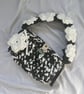 Crochet Shoulder Bag - Khaki, Black And White - Floral Flower Strap