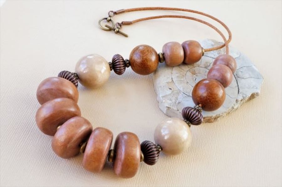 Wood and leather short chunky statement necklace.