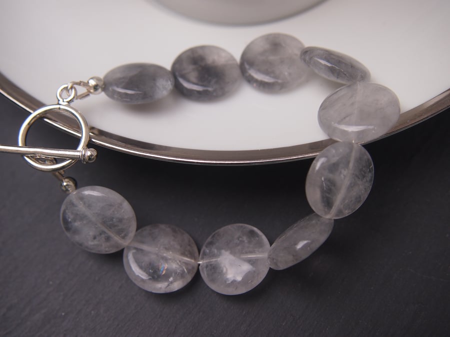 Tourmalinated quartz and sterling silver coin bracelet