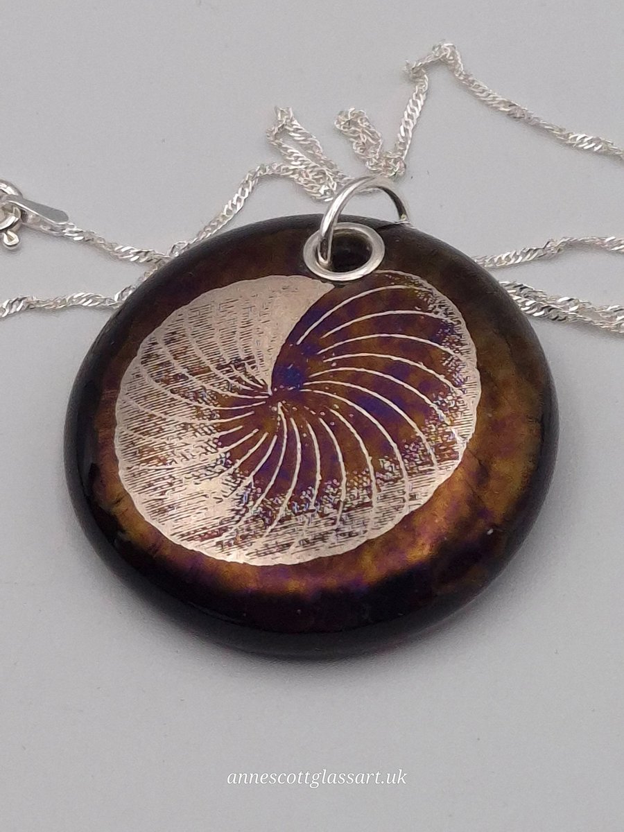 Ammonite Seashell Fused Glass Pendant with Real Platinum Lustre Motif