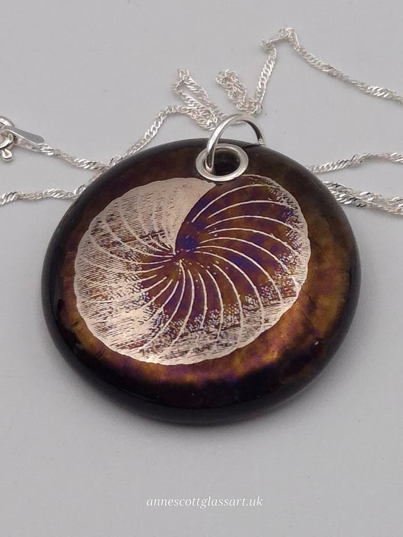 Ammonite Seashell Fused Glass Pendant with Real Platinum Lustre Motif