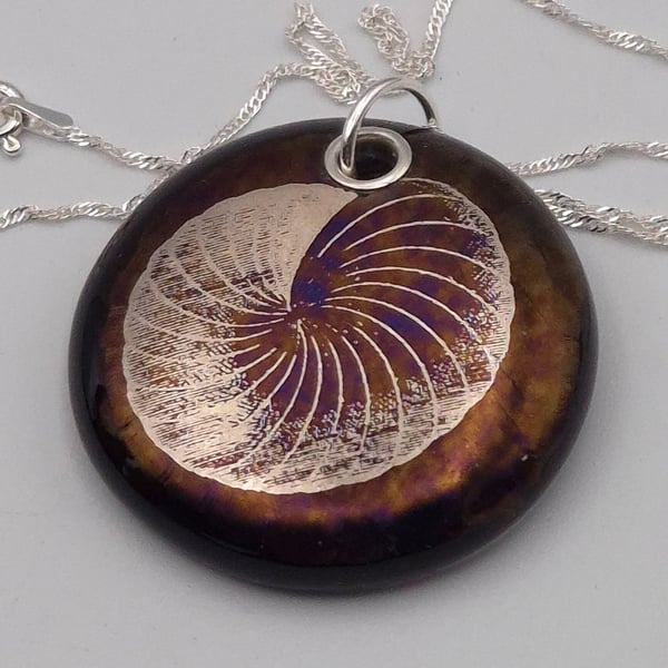 Ammonite Seashell Fused Glass Pendant with Real Platinum Lustre Motif