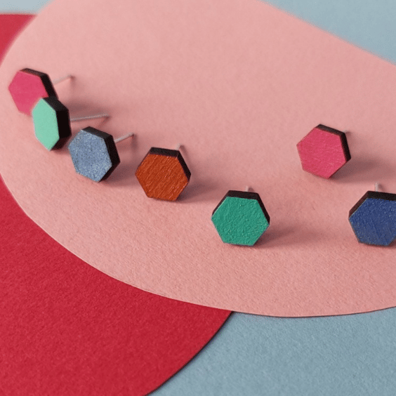 Mini colourful hexagon stud earrings