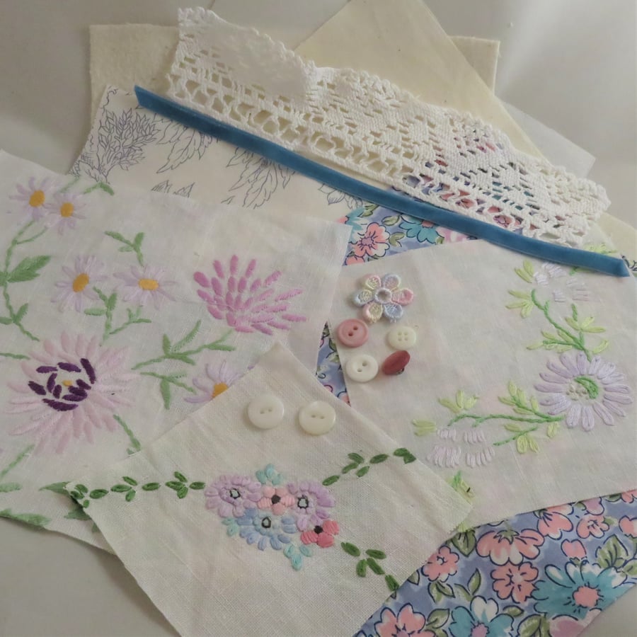 Inspiration pack including embroidered vintage linens - turquoise and pink