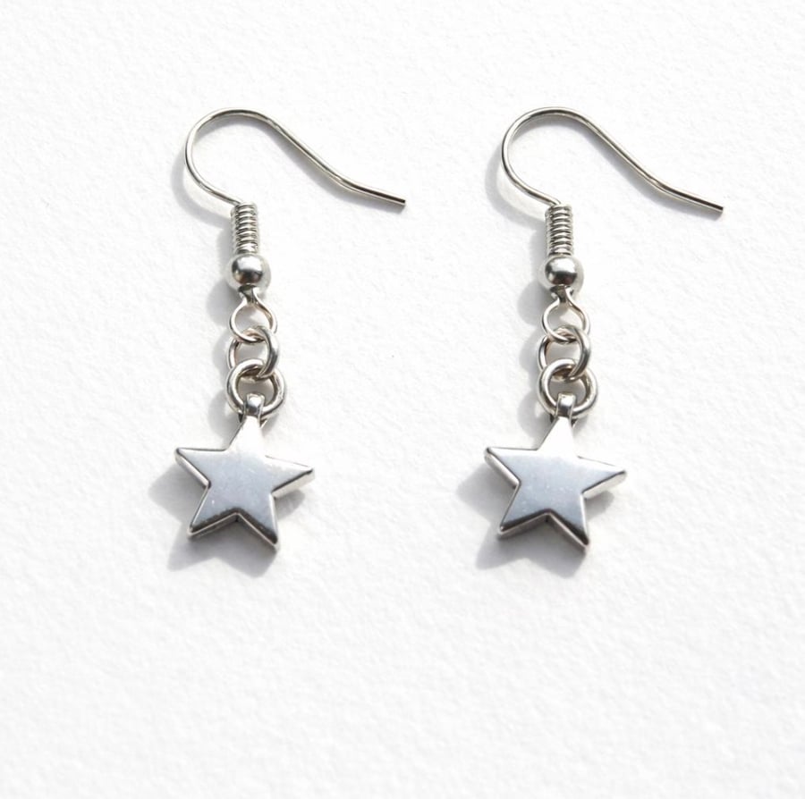Minimalist Silver Star Earrings – Celestial Dangle Earrings, Silver Hooks