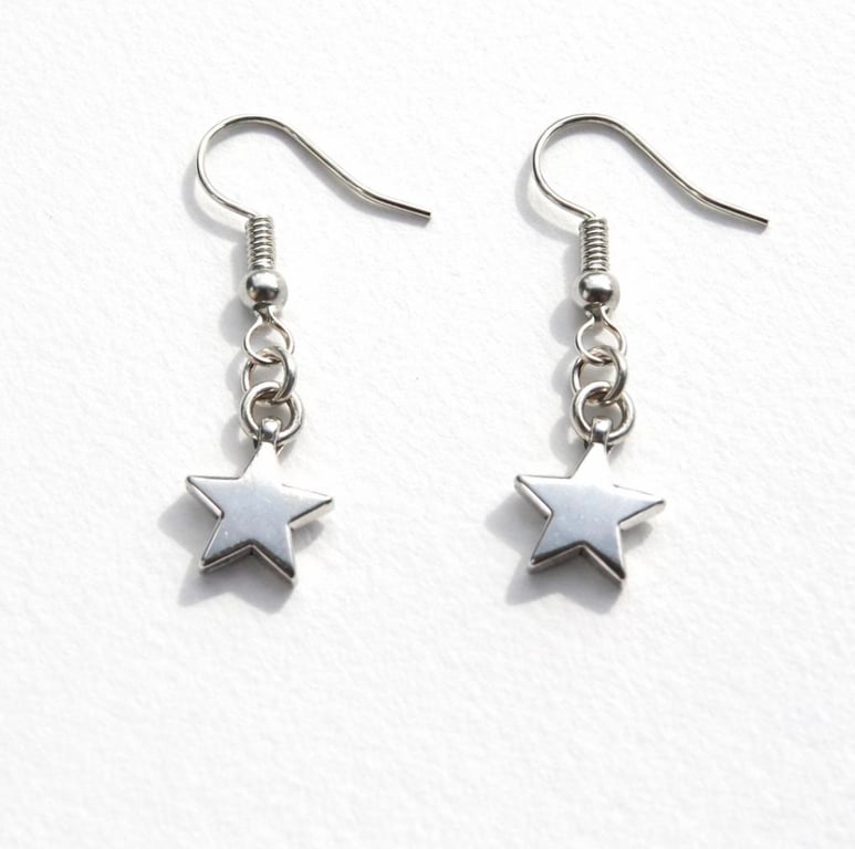 Minimalist Silver Star Earrings – Celestial Dangle Earrings, Silver Hooks