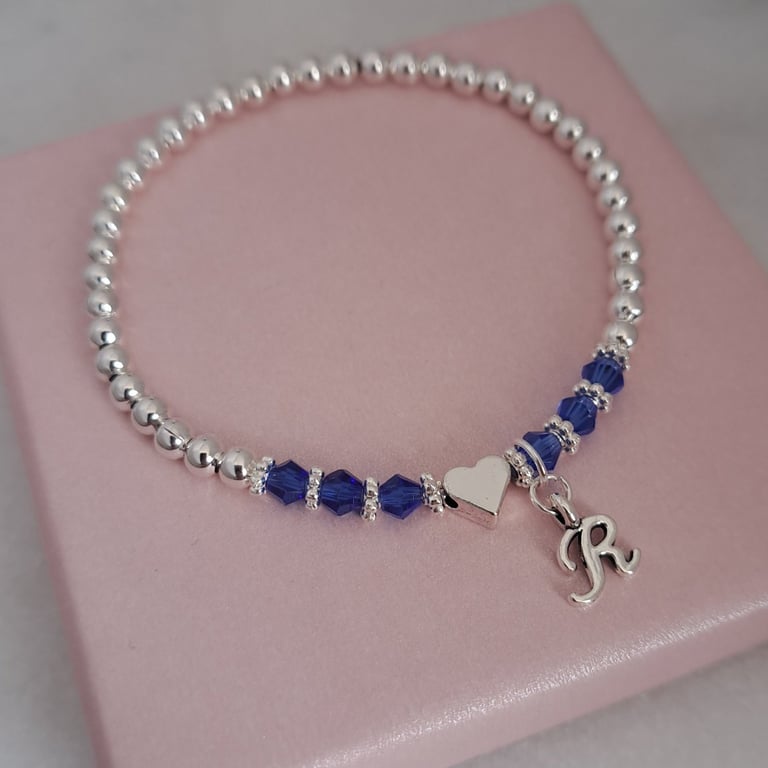 Personalised Silver Birthstone Initial Beaded Bracelet