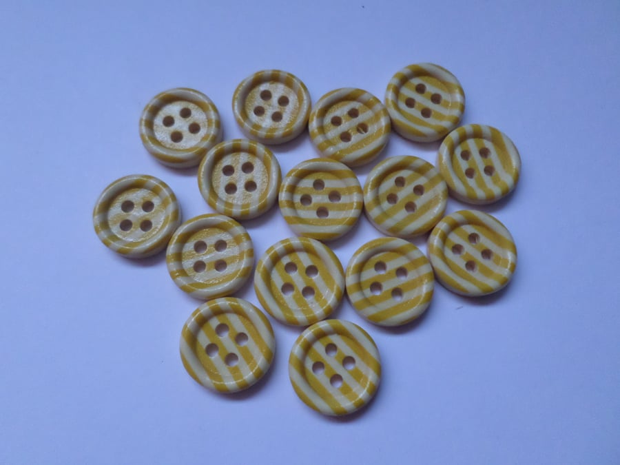 15 x 4-Hole Printed Wooden Buttons - Round - 15mm - Stripes - Yellow 