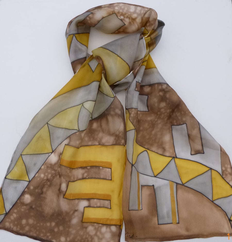 Brown and ochre geometric design silk scarf