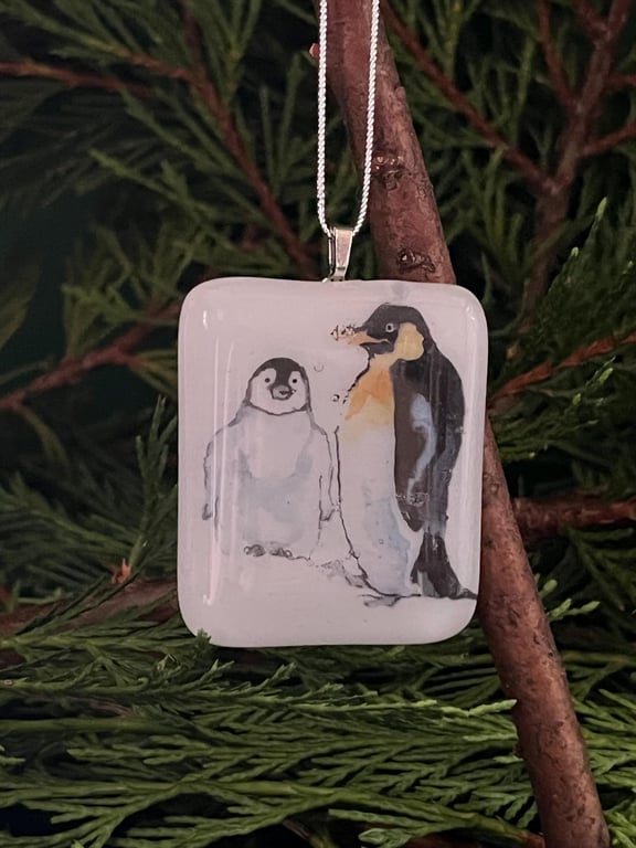Unique Christmas Penguin Card with Artisan Fused Glass Tree Decoration