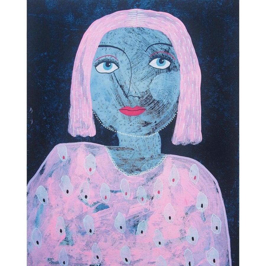 Female Portrait Painting Pink Haired Woman Girl Face Figurative Artwork