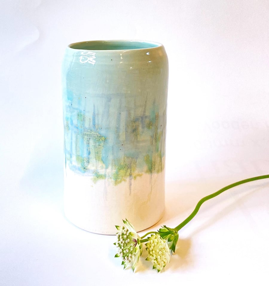 Handmade ceramic vase, individually glazed by hand, natural blues and greens