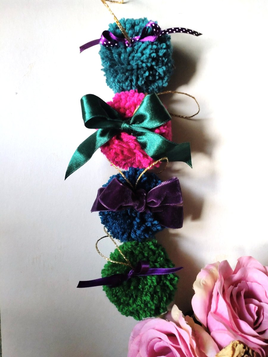 Pompom Baubles, Set of 4, Eclectic Bohemian Christmas Decor
