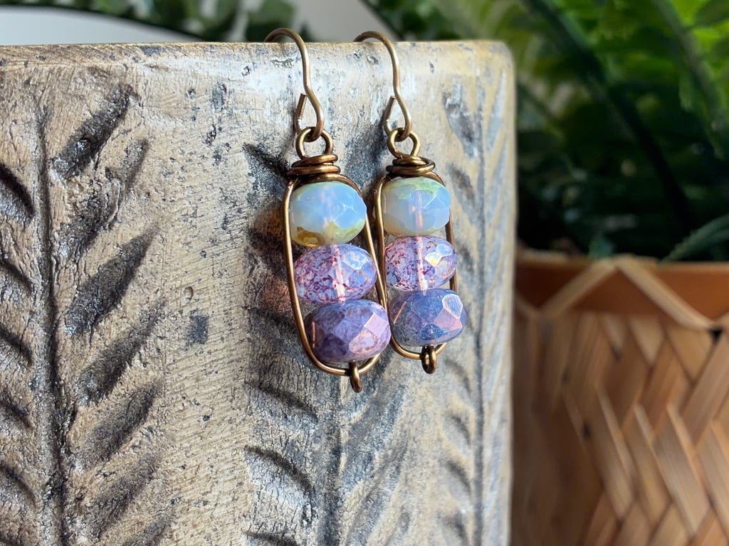 Purple and Lavender Stacked Czech Glass Earrings. Petite Wirework Earrings