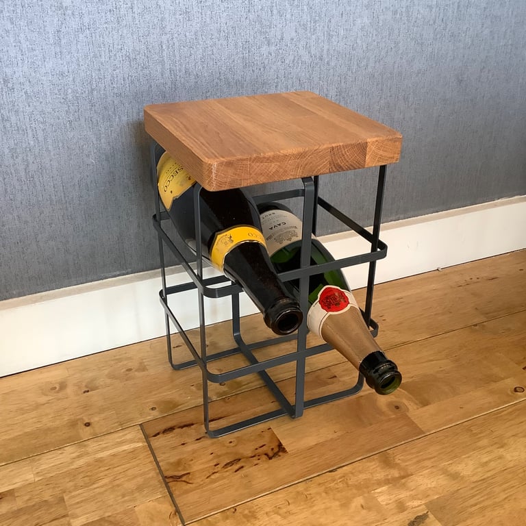 Black Metal Wine Rack Side Table with Oak Top