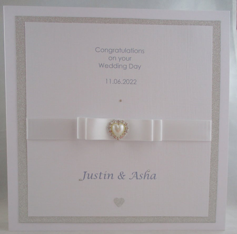 Plain and Simple Handmade Wedding Card, heart embellishment, glitter, ribbon