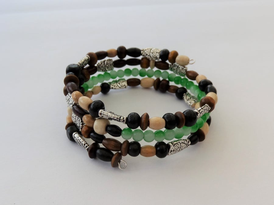 Wood, green & white glass beads, Tibetan silver owls, memory wire wrap bracelet 
