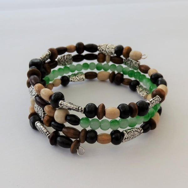 Wood, green & white glass beads, Tibetan silver owls, memory wire wrap bracelet 