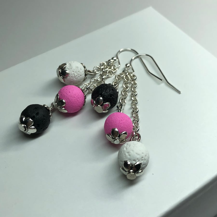 Pink white black lava stone earrings
