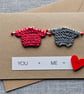 You and Me Handmade Love Card with 2 tiny knitted jumpers Size 6" x 4" Valentine - Image 2