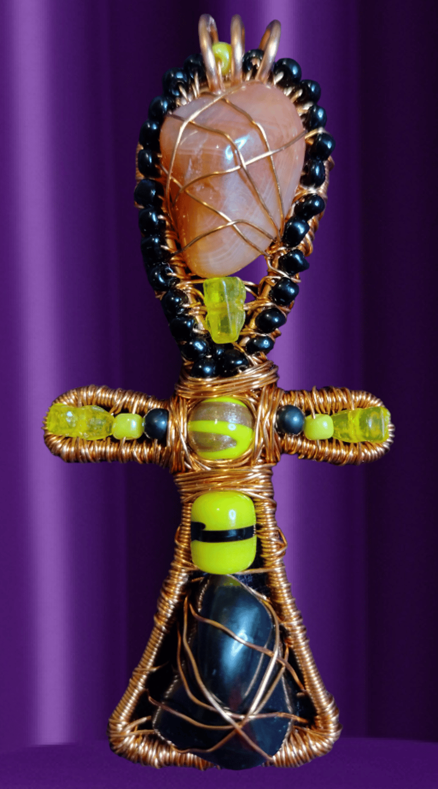 Copper Wired 'Sunshine' Crystal Beaded Ankh Pendant