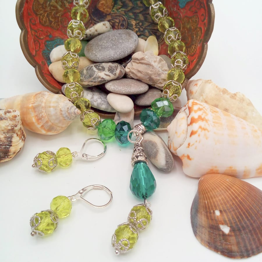 Green Crystal Necklace with Crystal Pendant and Matching Earrings, Gift for Her