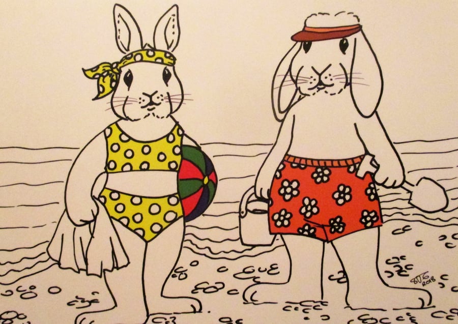 A5 Print of Bunny Rabbit Couple at the Seaside Beach Art Picture Limited Edition